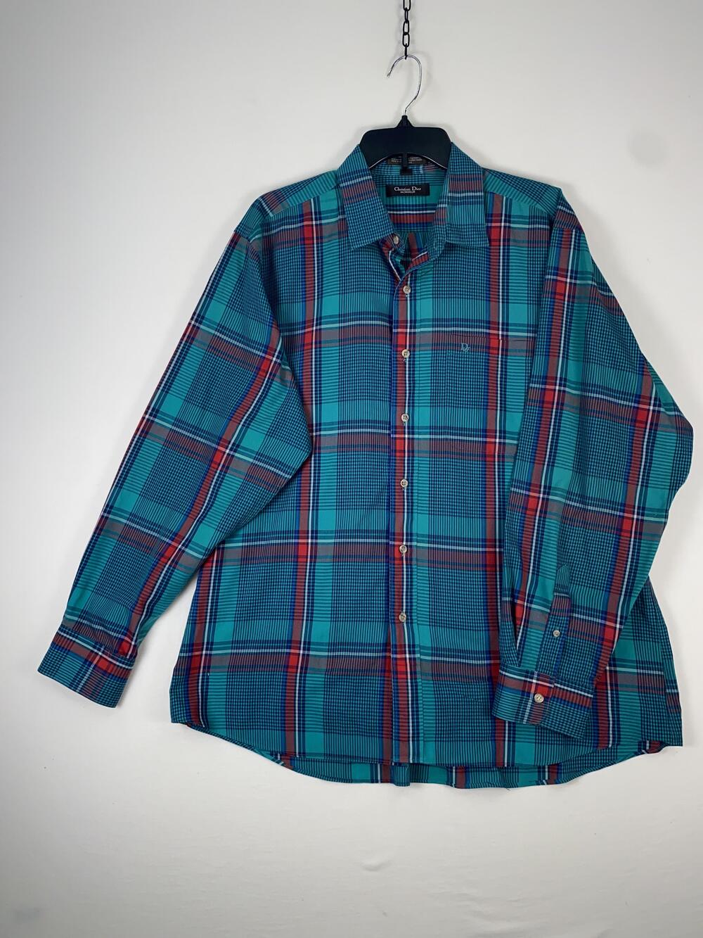 Vintage Christian Dior Shirt Mens 2XL Blue Plaid Long Sleeve Button Up Casual